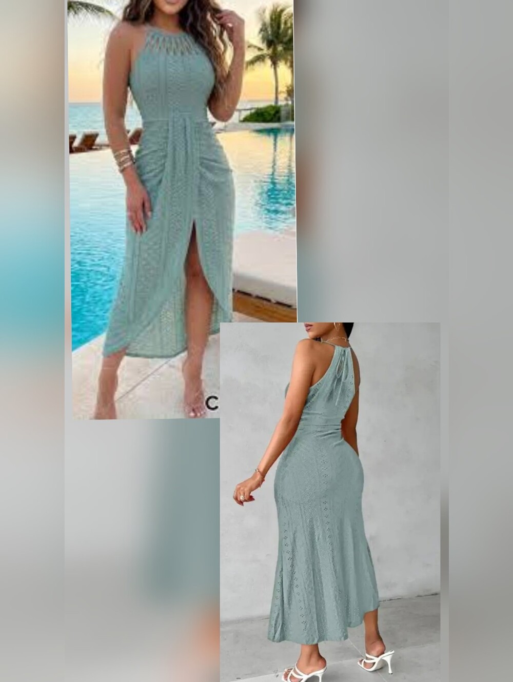 Chic Me Crochet Eyelet Halter Midi w/ Ruching/Slit Dress in Sage Green